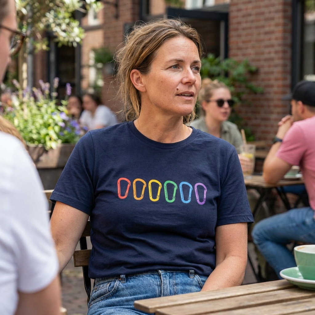 Woman wearing a navy blue t-shirt with colorful Rainbow Carabiner graphic sitting outdoors at a cafe.