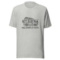 Unisex athletic heather grey Bella + Canvas t-shirt with a minimalist RV van outline, and 'dogs, playlist, & snacks' text below, black ink front