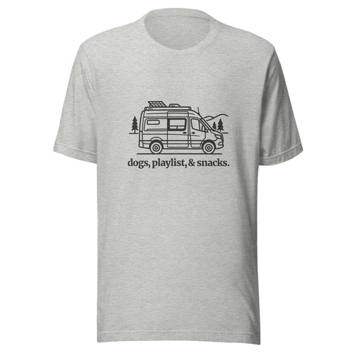 Unisex athletic heather grey Bella + Canvas t-shirt with a minimalist RV van outline, and 'dogs, playlist, & snacks' text below, black ink front