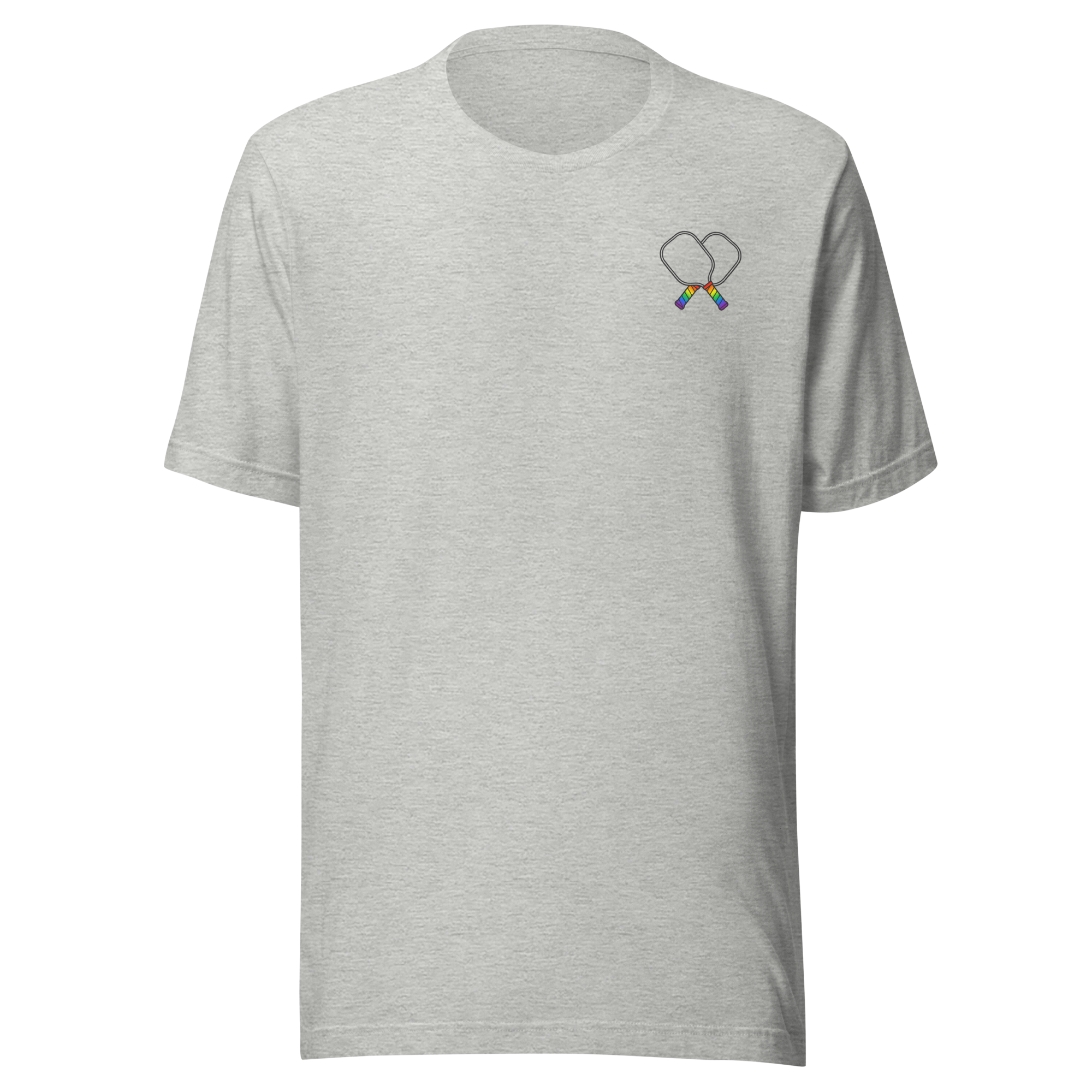 Pickleball Paddles Logo T-Shirt (Left Chest) on soft Bella + Canvas heather grey. Minimalist crossed paddle emblem with subtle rainbow handles. 