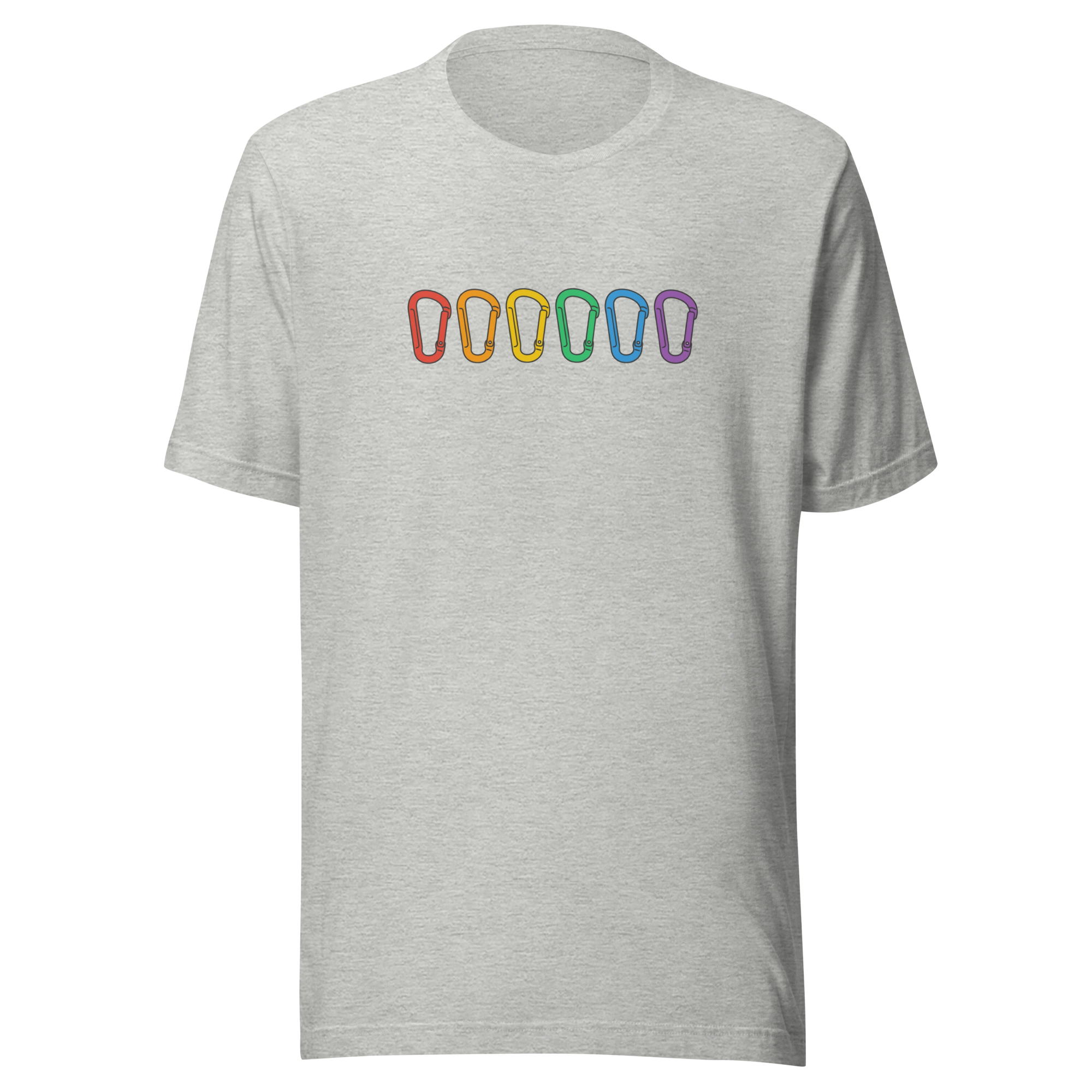 Unisex rainbow carabiners on grey Bella + Canvas heather tshirt. Front