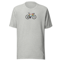 Minimal rainbow bike upper center chest on Bella + Canvas athletic heather grey. Unisex tshirt.