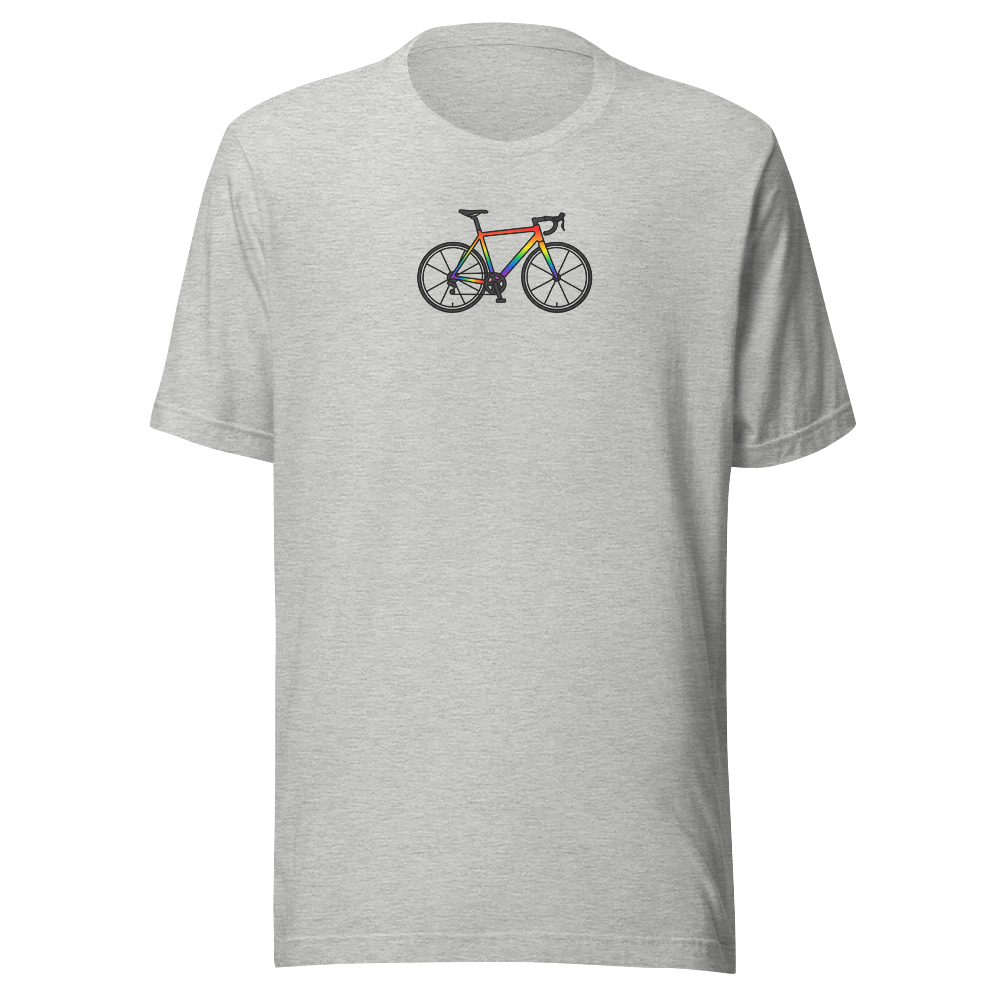 Minimal rainbow bike upper center chest on Bella + Canvas athletic heather grey. Unisex tshirt.