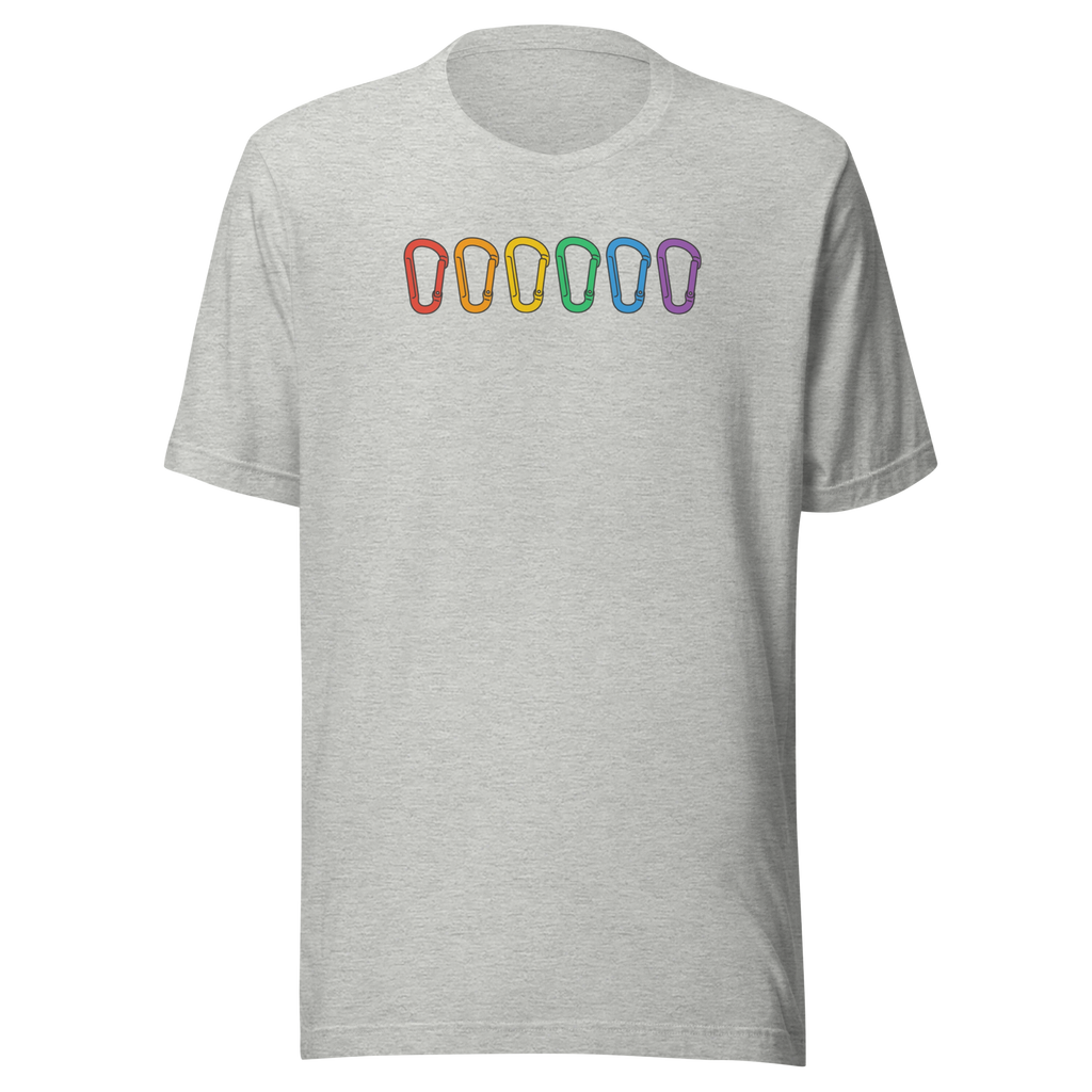 Six carabiners in the colors of the rainbow across the chest on athletic heather grey Bella + Canvas cotton blend tee. Unisex.