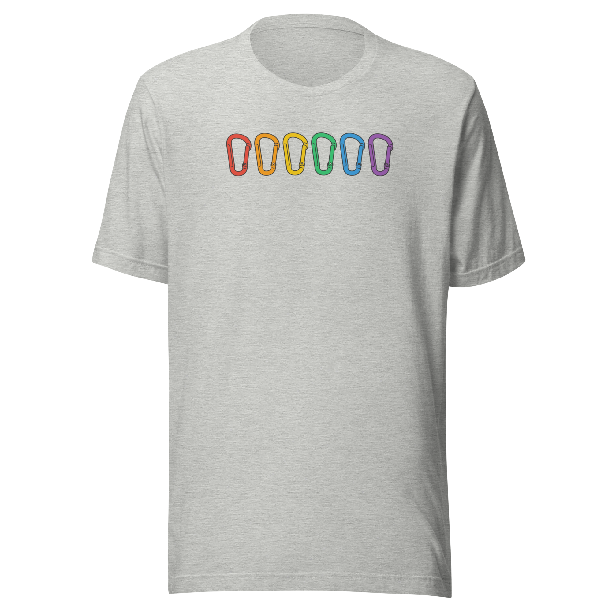 Six carabiners in the colors of the rainbow across the chest on athletic heather grey Bella + Canvas cotton blend tee. Unisex.