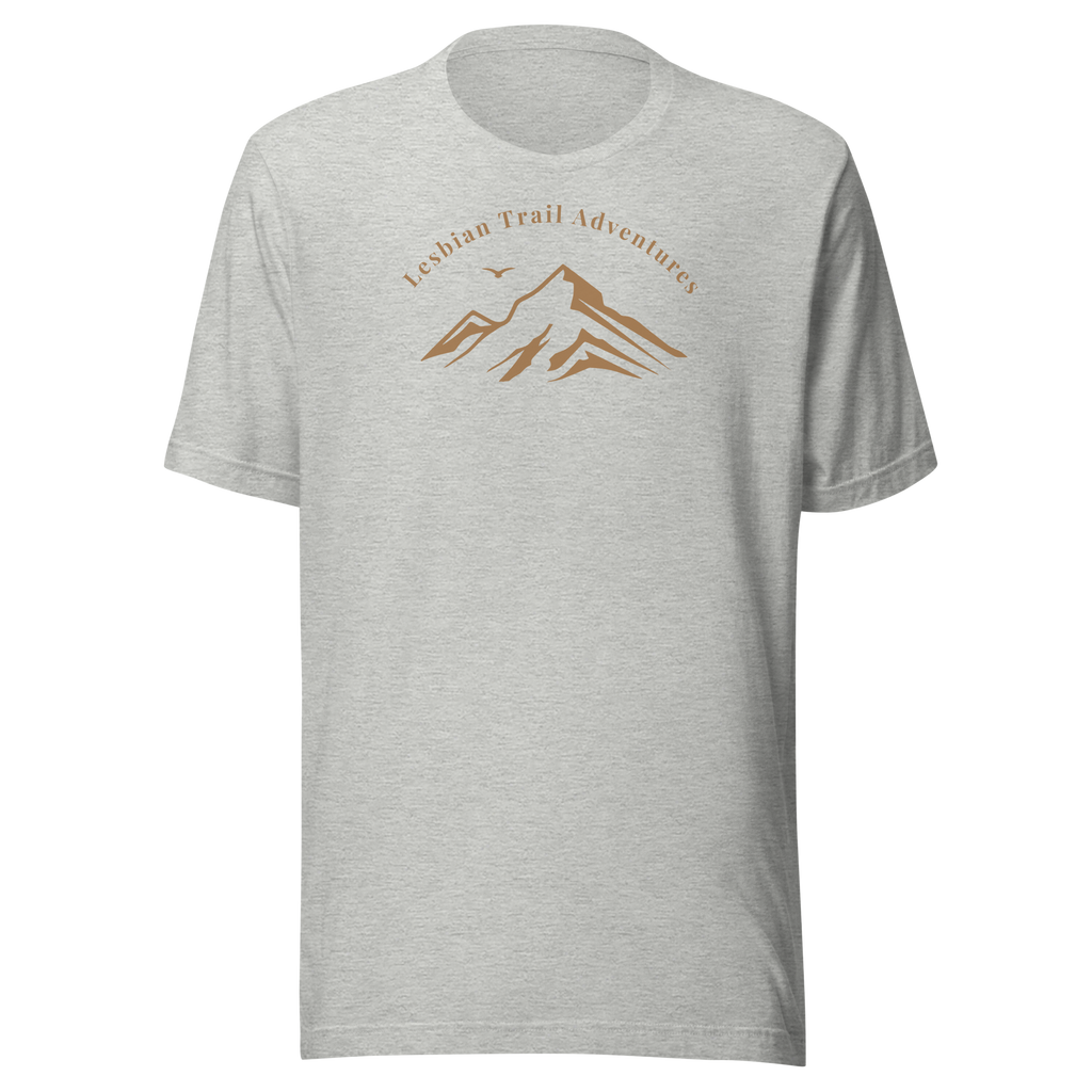 Lesbian Trail Adventures minimal typography arc that crowns a mountain silhouette. Bella + Canvas unisex athletic heather grey. 