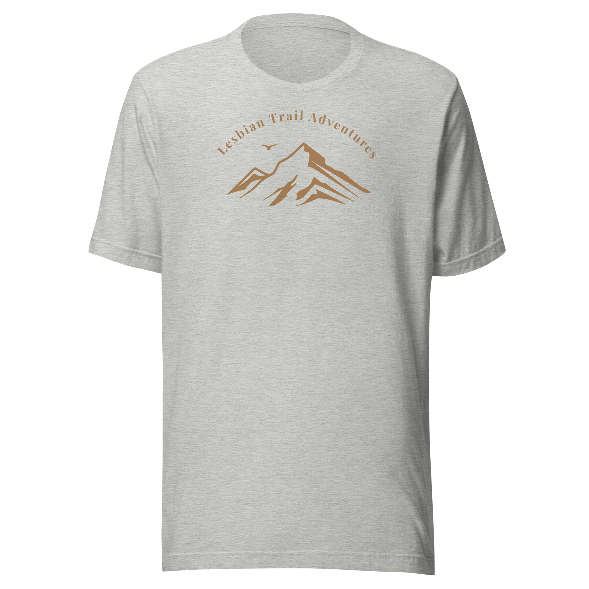 Lesbian Trail Adventures minimal typography arc that crowns a mountain silhouette. Bella + Canvas unisex athletic heather grey. 