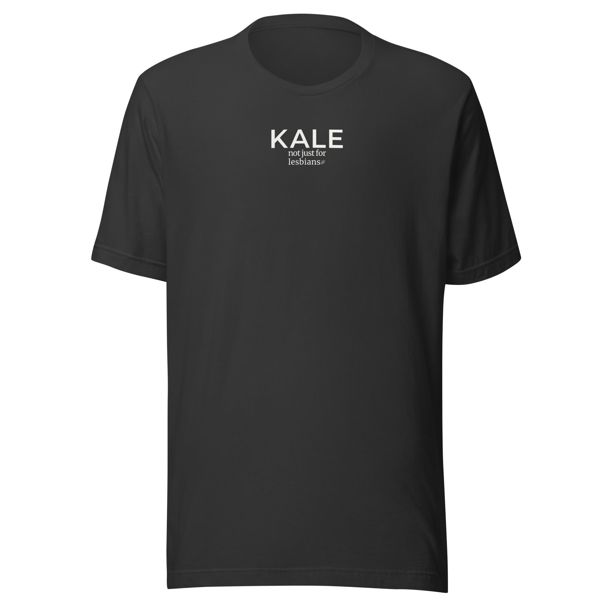 Unisex Bella + Canvas dark grey cotton t-shirt. Kale not just for lesbians printed white ink on front, tiny kale leaf graphic.