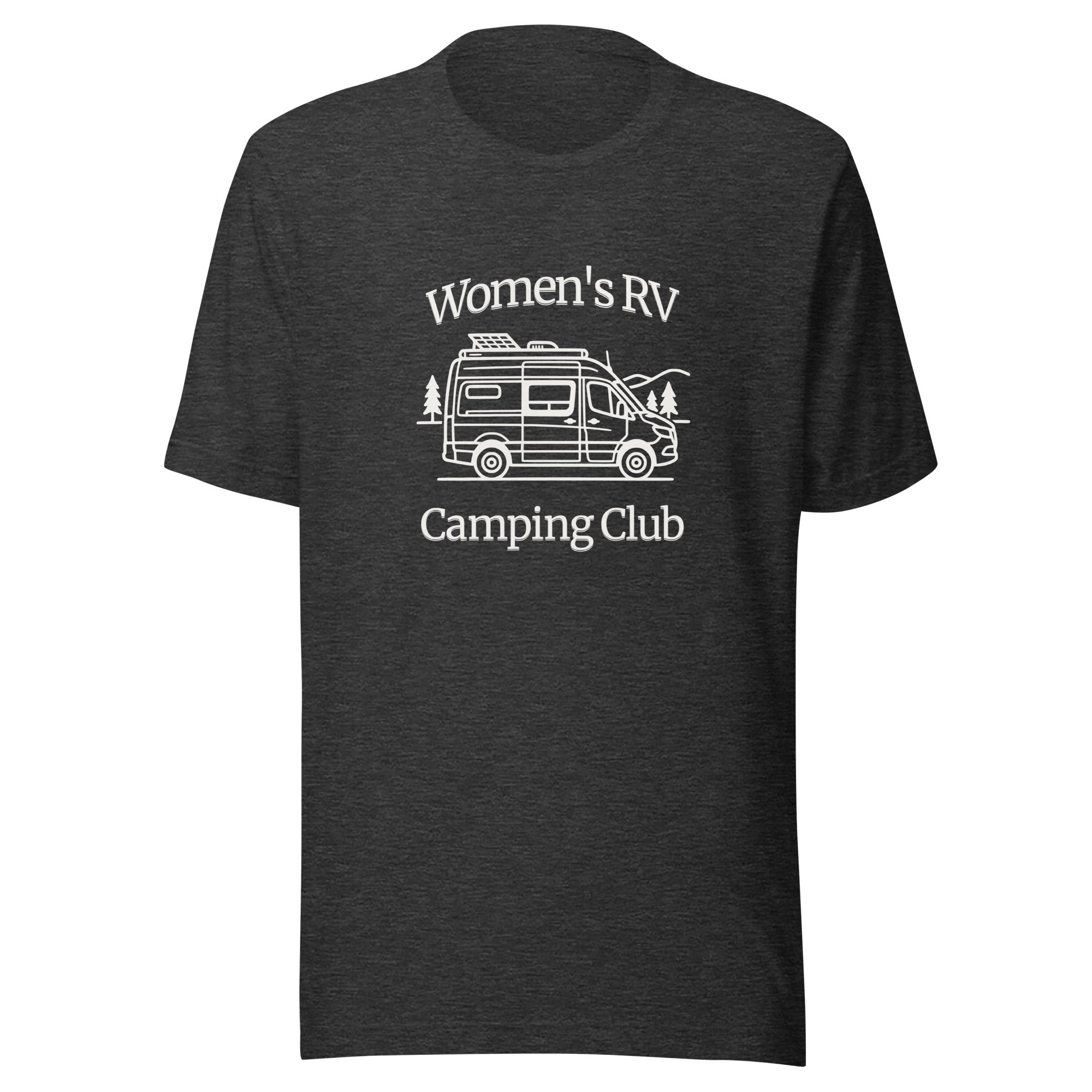 Unisex dark grey heather Bella + Canvas t-shirt with minimalist rv graphic and text "women's rv camping club" classic badge style, white ink, front