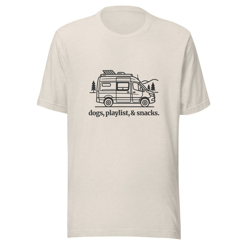 Unisex heather Dust Bella + Canvas t-shirt with a minimalist RV van outline, and 'dogs, playlist, & snacks' text below, black ink front