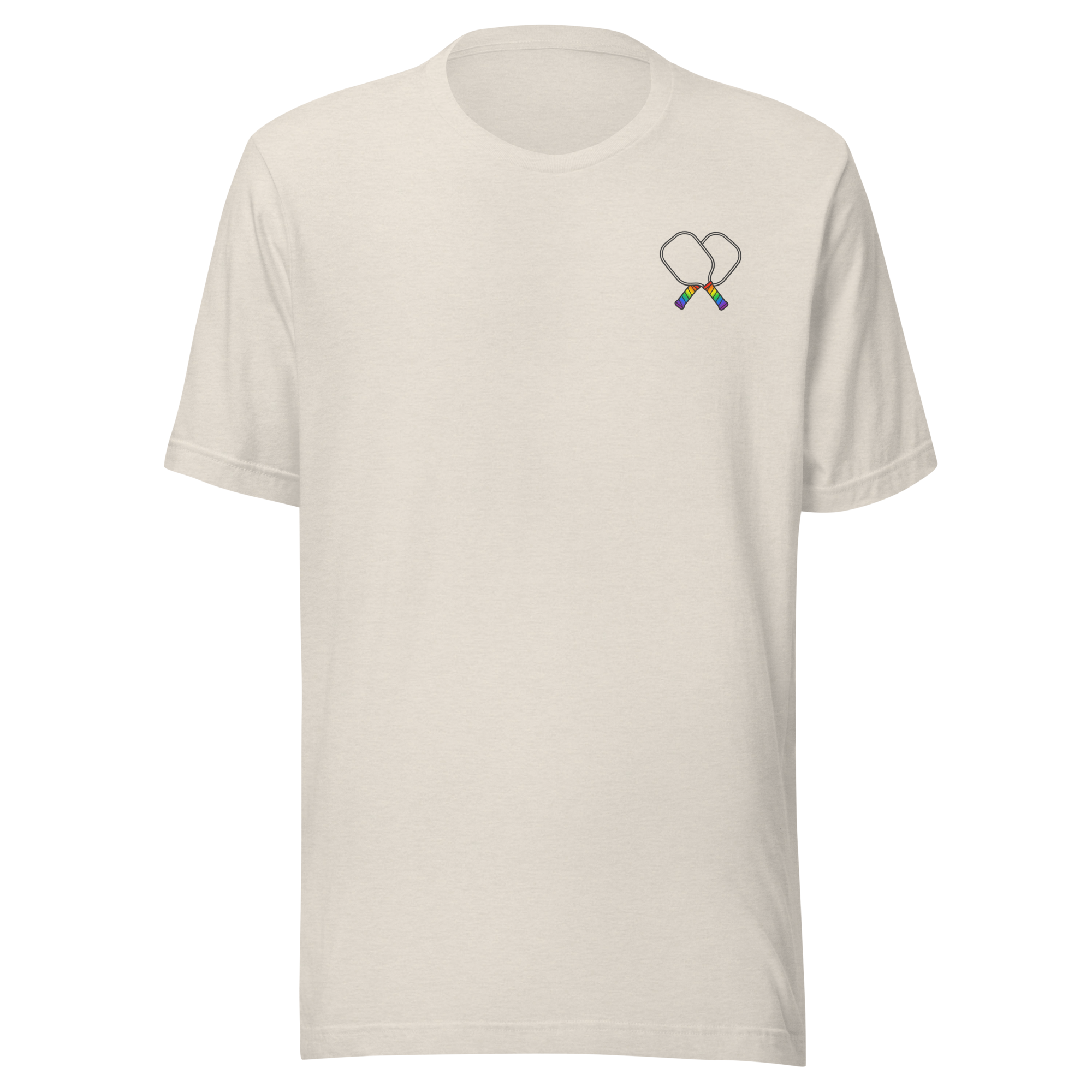 Pickleball Paddles Logo T-Shirt (Left Chest) on soft Bella + Canvas heather dust. Minimalist crossed paddle emblem with subtle rainbow handles. 