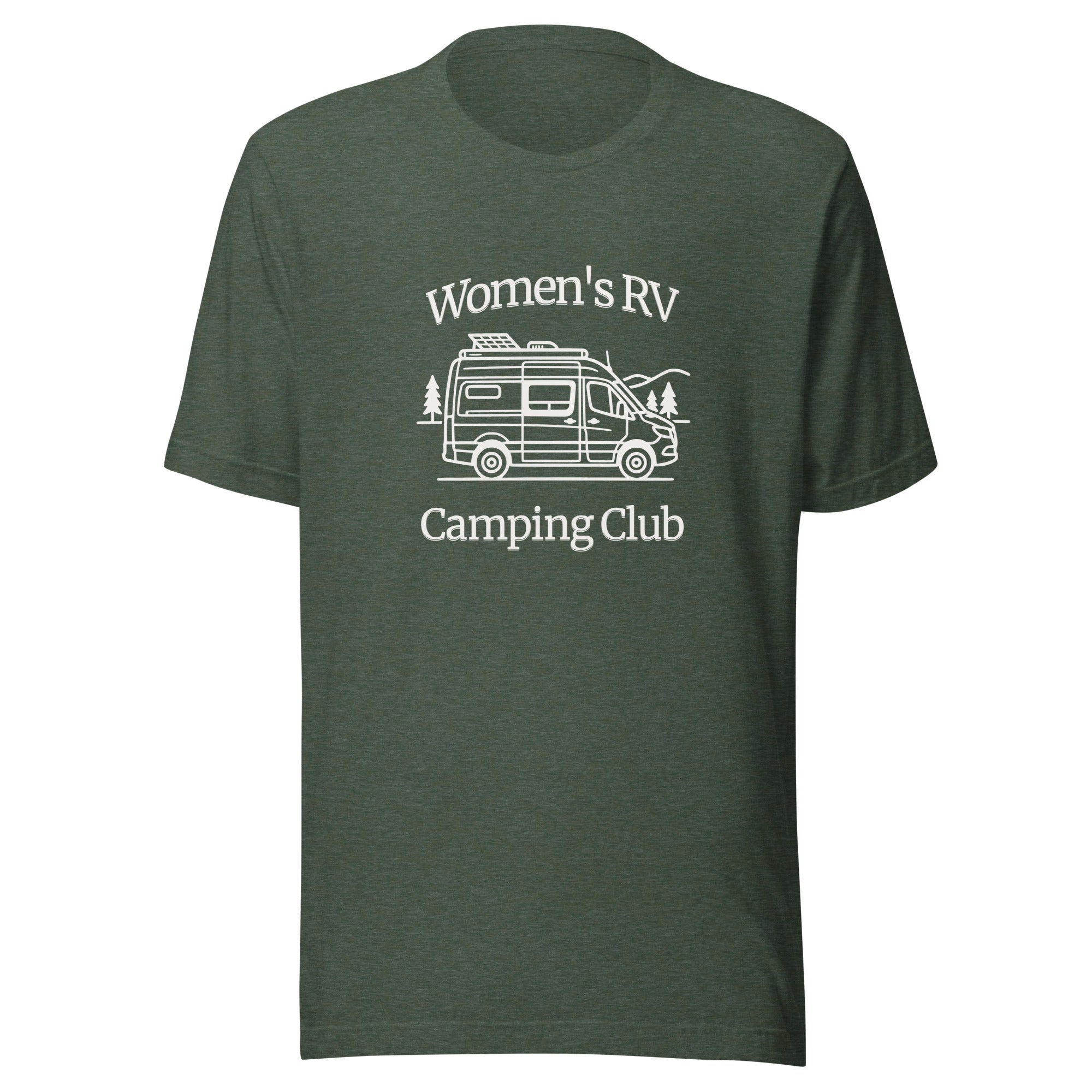 Unisex heather forest Bella + Canvas t-shirt with minimalist rv graphic and text "women's rv camping club" classic badge style, white ink, front
