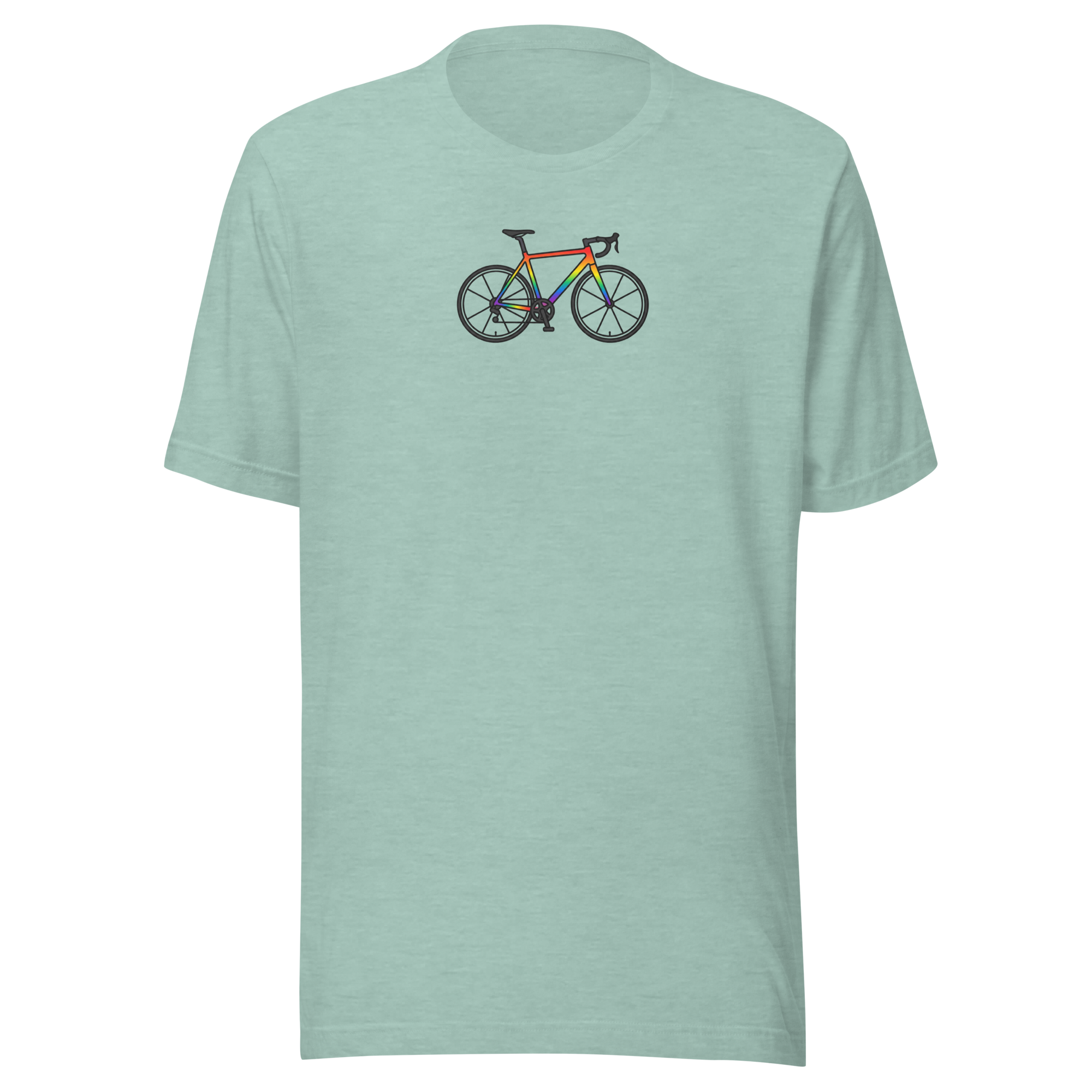 Minimal rainbow bike upper center chest on Bella + Canvas heather prism dusty blue. Unisex t-shirt