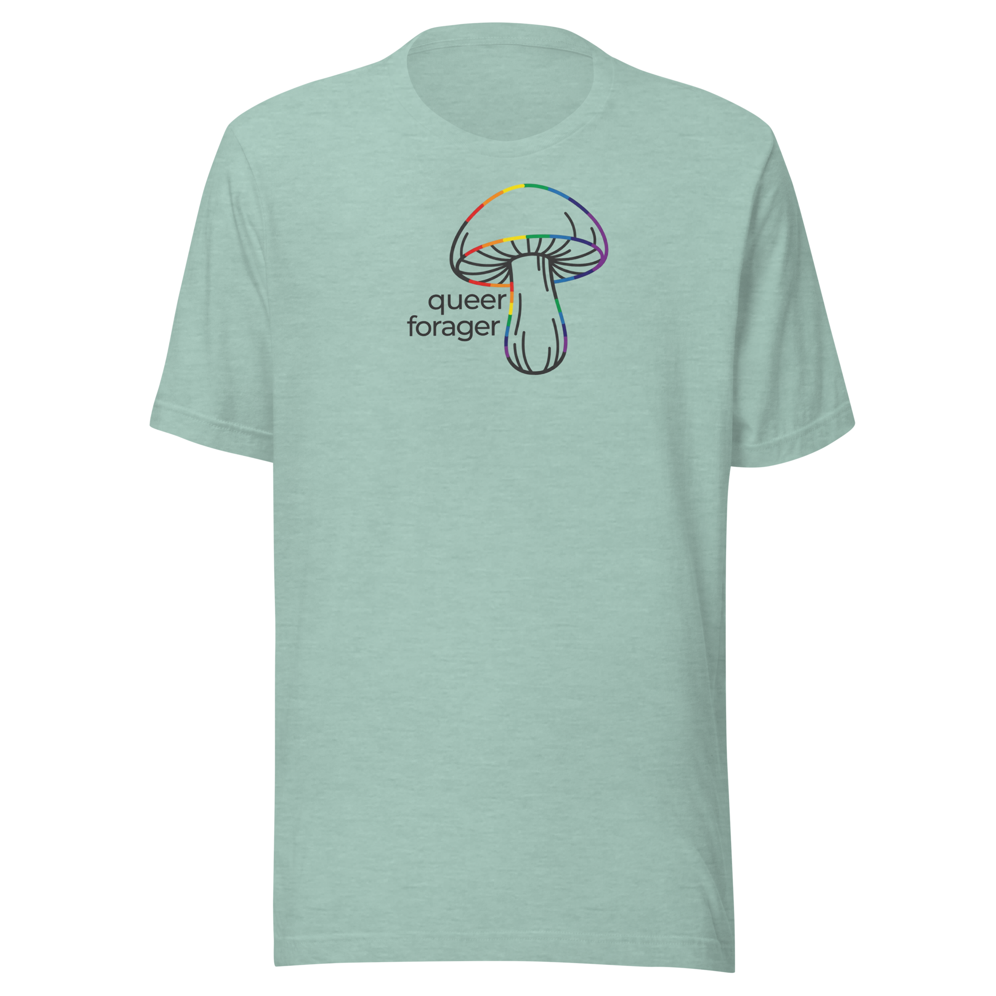 Queer Forager next to rainbow mushroom on  Bella + Canvas heather prism dusty blueunisex t-shirt. Upper center chest