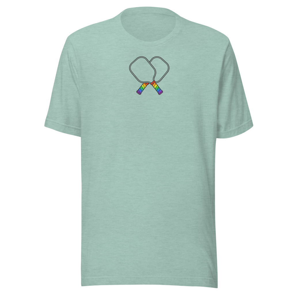 Minimalist Crossed pickleball paddles  with rainbow handles on unisex heather prism dusty blue Bella + Canvas tshirt. High center chest