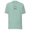 Minimalist Crossed pickleball paddles  with rainbow handles on unisex heather prism dusty blue Bella + Canvas tshirt. High center chest