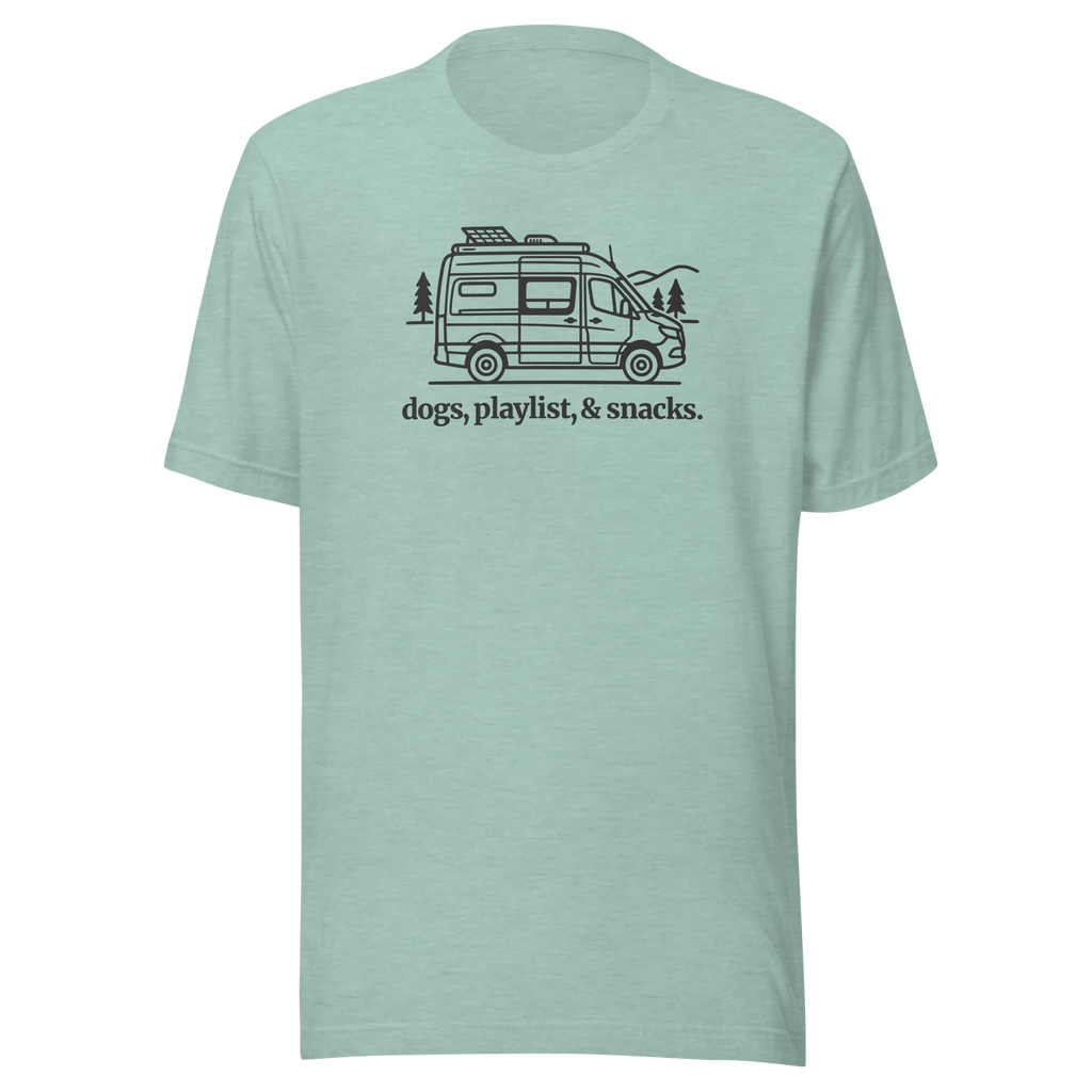 Rv/camper van silhouette  with typography  'dogs, playlist, snacks underneath. Printed on Bella + Canvas heather prism dusty blue tshirt. Center chest