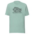 Rv/camper van silhouette  with typography  'dogs, playlist, snacks underneath. Printed on Bella + Canvas heather prism dusty blue tshirt. Center chest