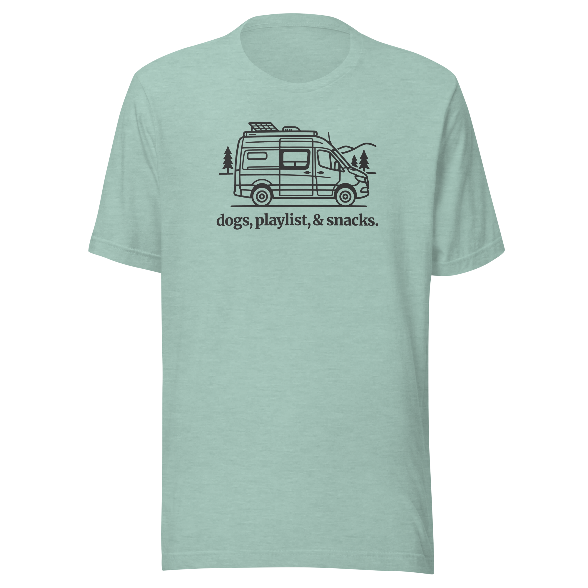 Rv/camper van silhouette  with typography  'dogs, playlist, snacks underneath. Printed on Bella + Canvas heather prism dusty blue tshirt. Center chest