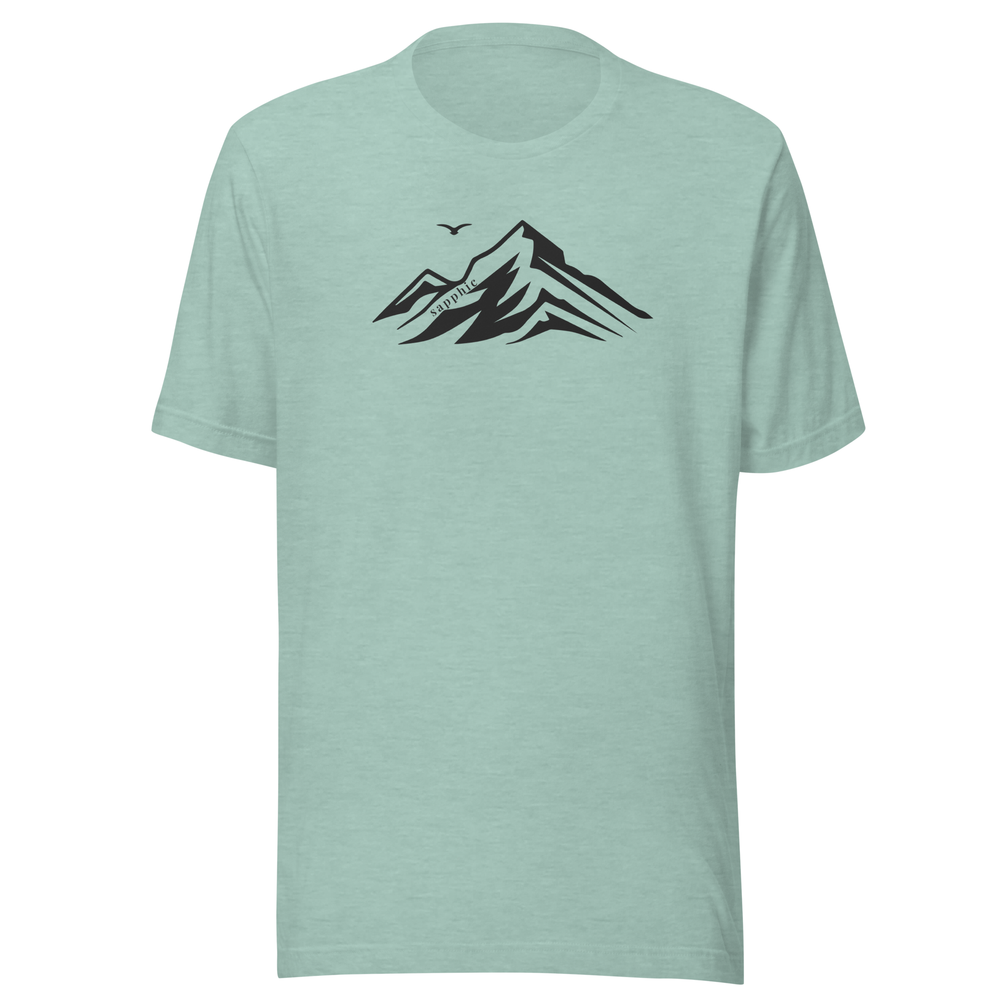 Mountain silhouette holding sapphic typography on Bella + Canvas unisex  heather prism dusty blue tshirt. Center chest