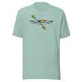 Kayak with rainbow accent on Bella + Canvas unisex  heather prism dusty blue tshirt. Center chest