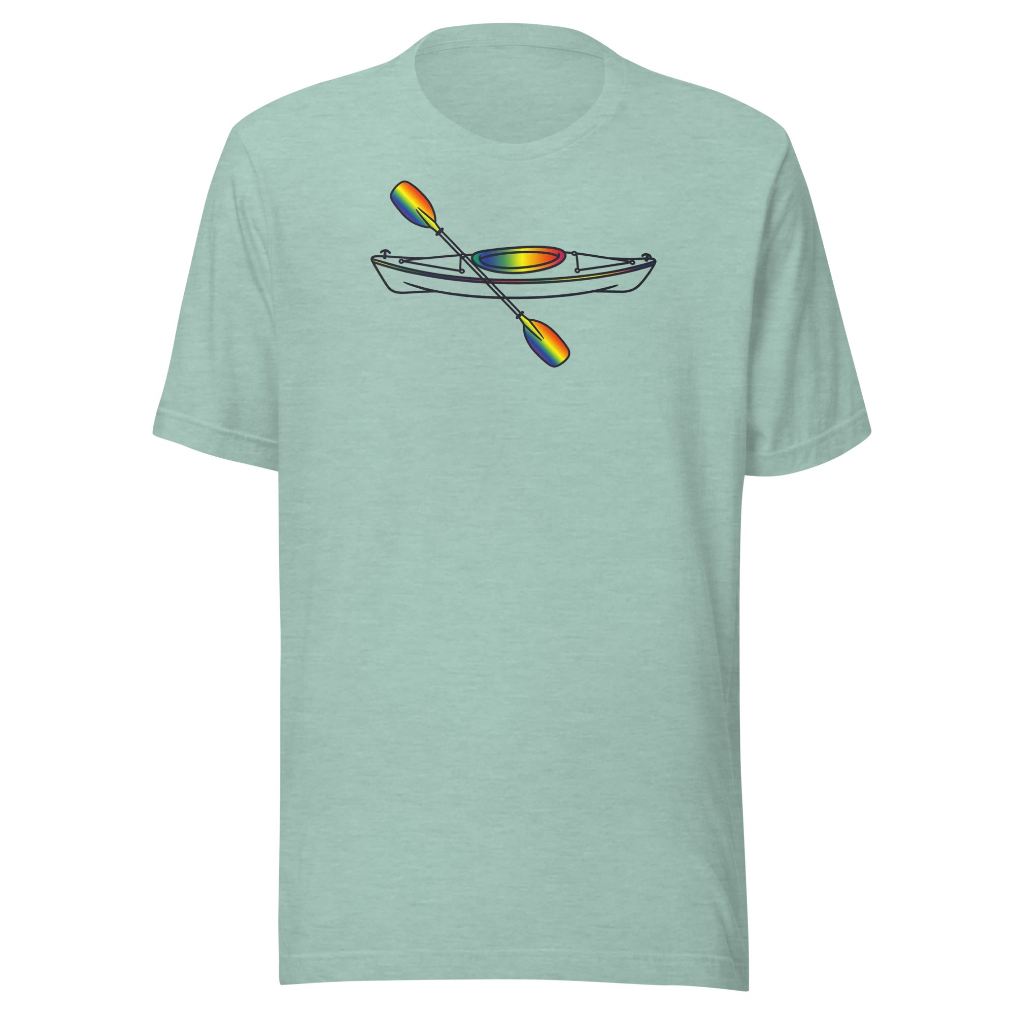 Kayak with rainbow accent on Bella + Canvas unisex  heather prism dusty blue tshirt. Center chest