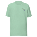 Pickleball Paddles Logo T-Shirt (Left Chest) on soft Bella + Canvas heather prism mint. Minimalist crossed paddle emblem with subtle rainbow handles. 