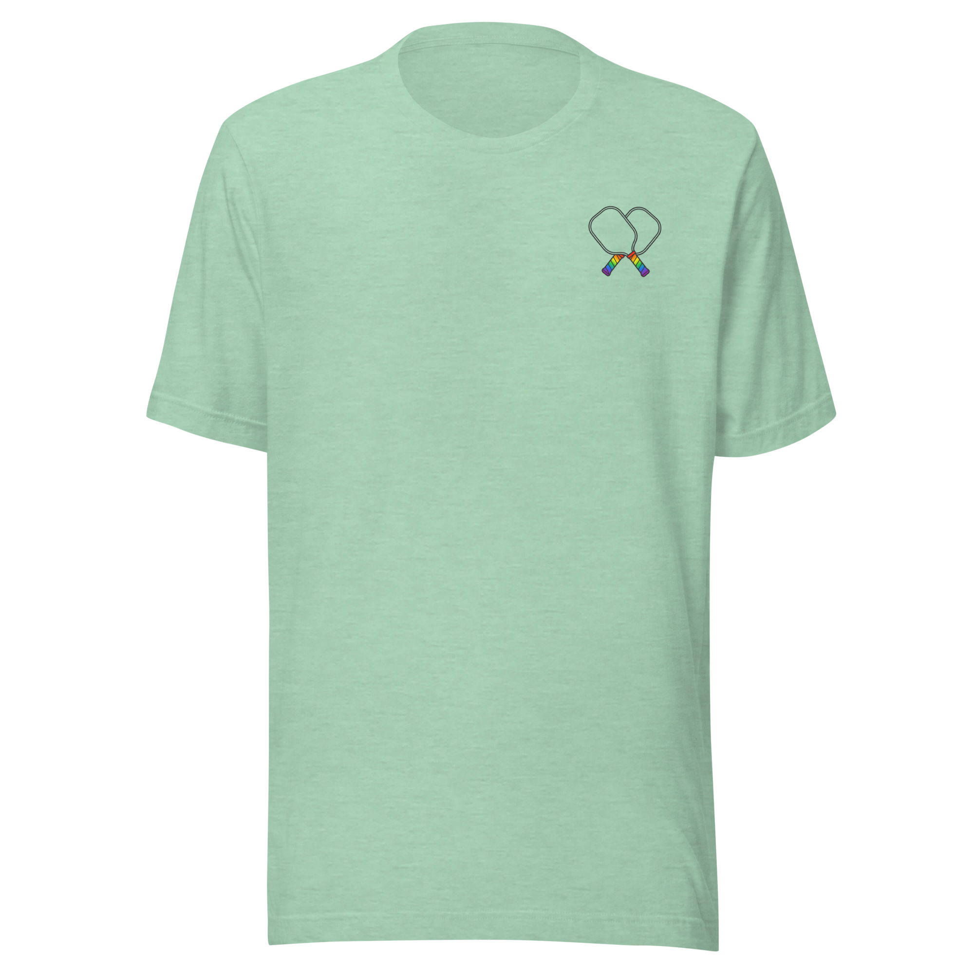 Pickleball Paddles Logo T-Shirt (Left Chest) on soft Bella + Canvas heather prism mint. Minimalist crossed paddle emblem with subtle rainbow handles. 