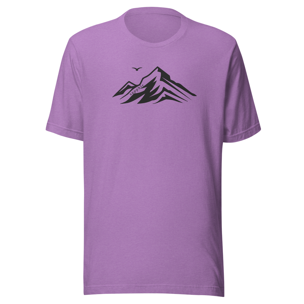 Mountain silhouette holding sapphic typography on Bella + Canvas unisex  heather team purple tshirt. Center chest