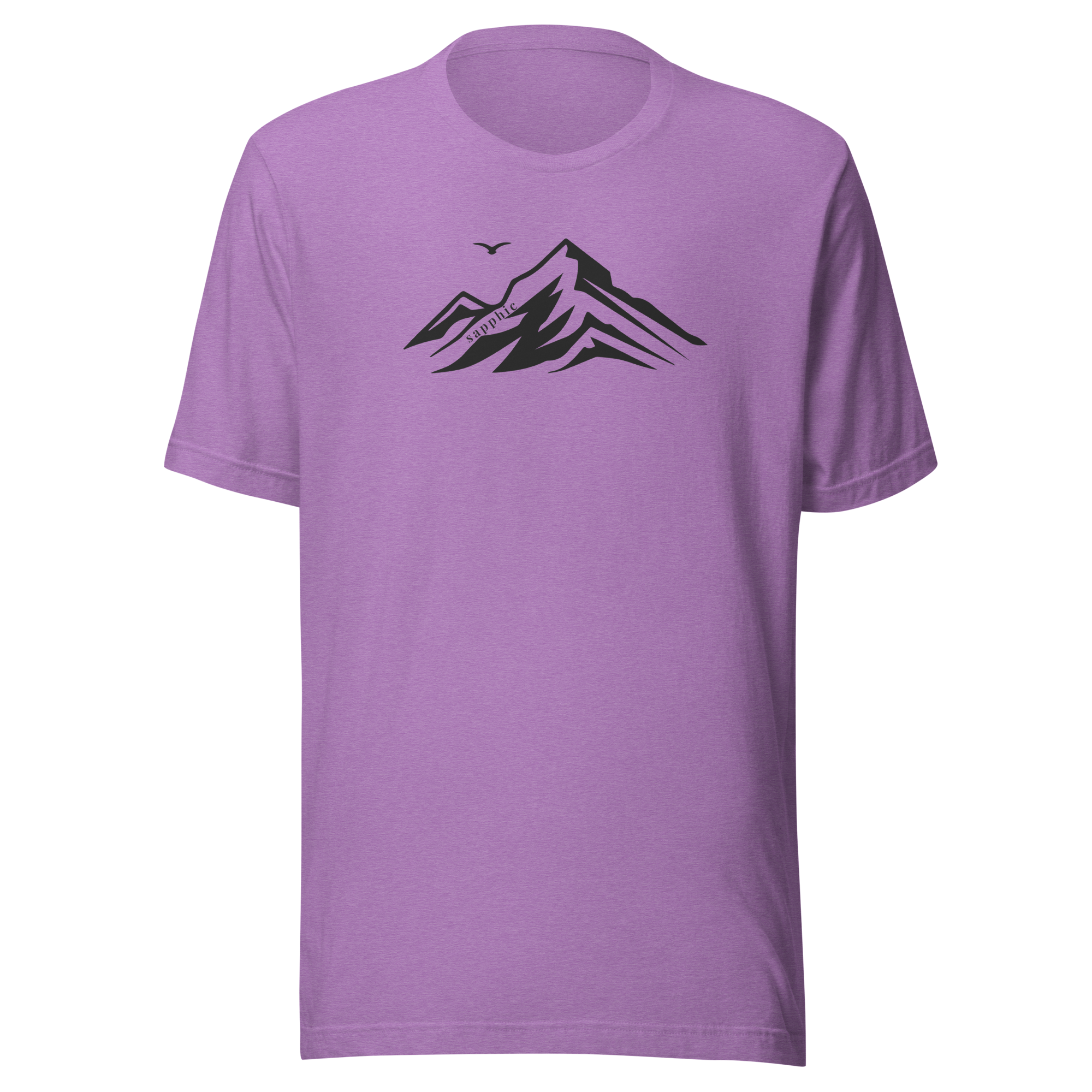Mountain silhouette holding sapphic typography on Bella + Canvas unisex  heather team purple tshirt. Center chest
