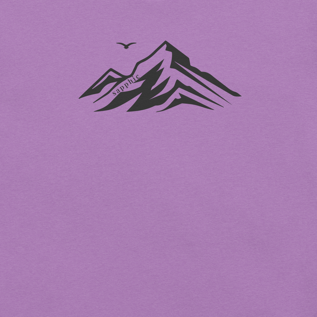 Mountain silhouette holding sapphic typography on Bella + Canvas unisex  heather team purple tshirt. Zoomed in