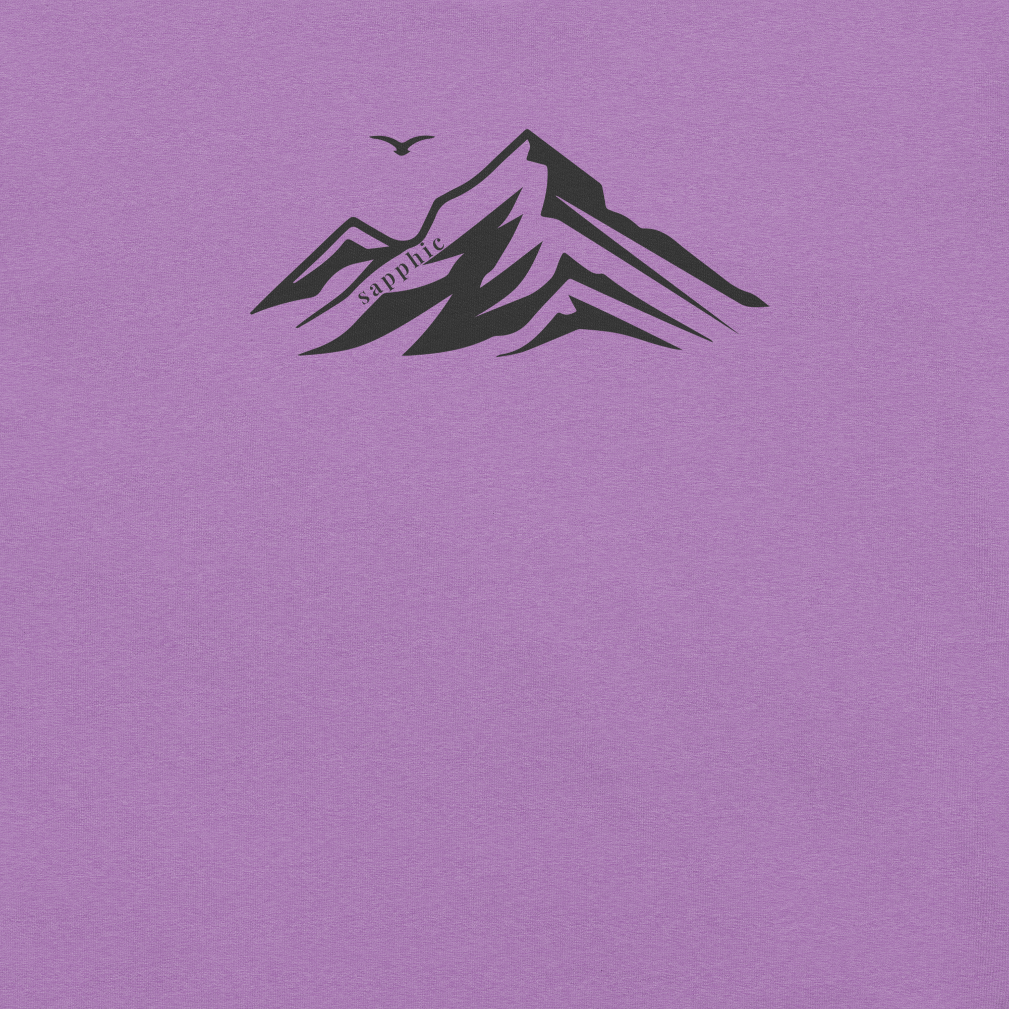 Mountain silhouette holding sapphic typography on Bella + Canvas unisex  heather team purple tshirt. Zoomed in