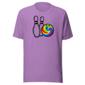 Rainbow bowling ball and two pins on Bella + Canvas unisex  heather team purple tshirt. Center chest