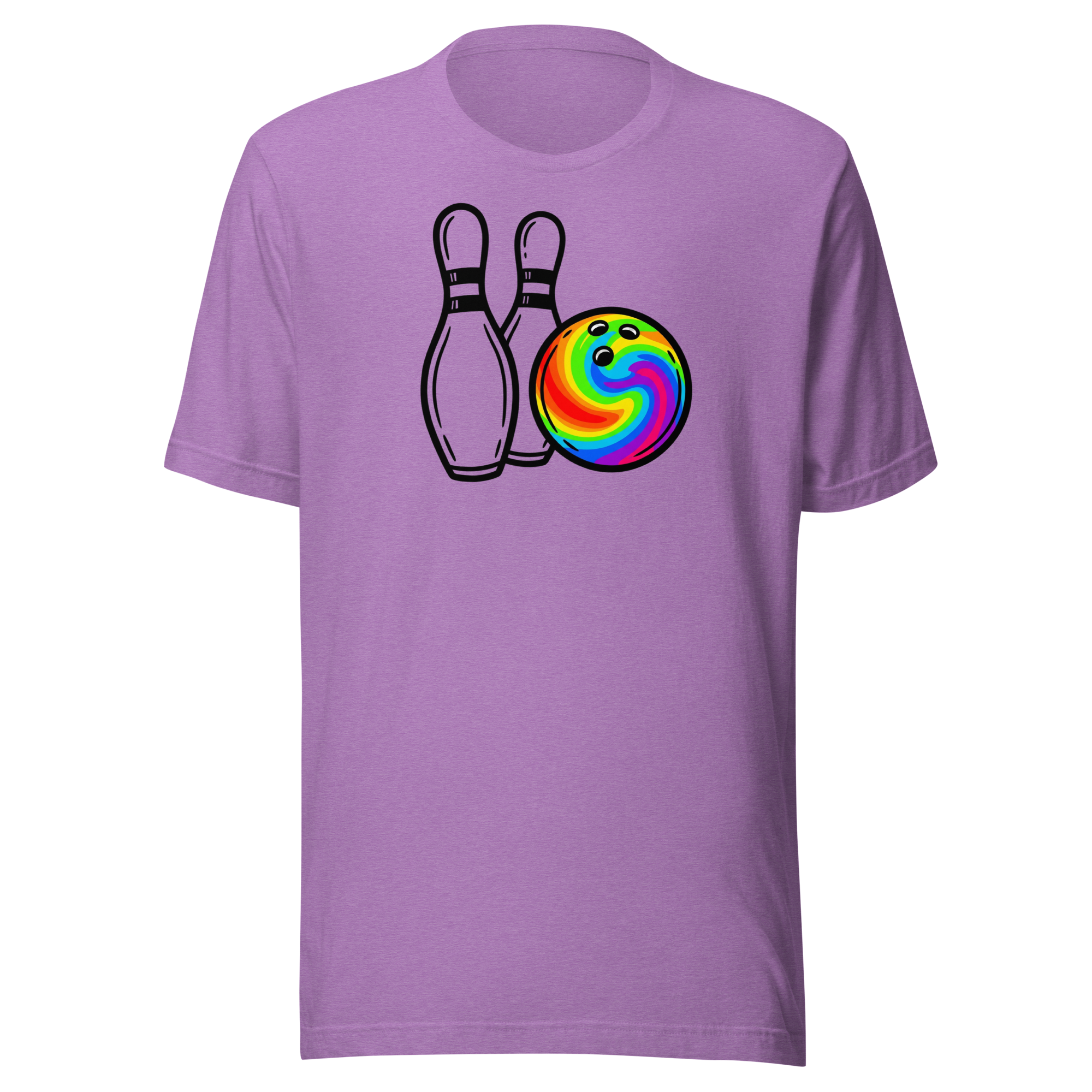 Rainbow bowling ball and two pins on Bella + Canvas unisex  heather team purple tshirt. Center chest