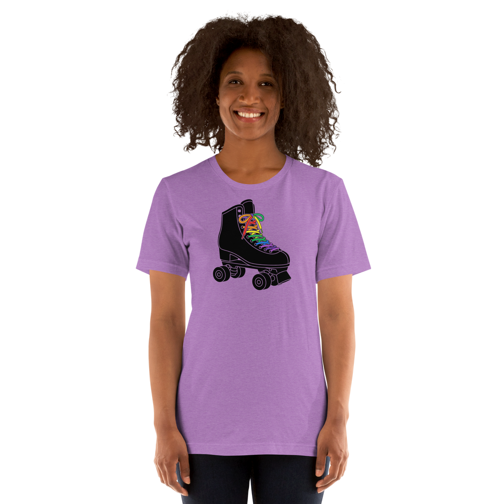 Person wearing black roller skate graphic with rainbow laces printed on heather team purple unisex Bella + Canvas tee.  Paired with jeggings