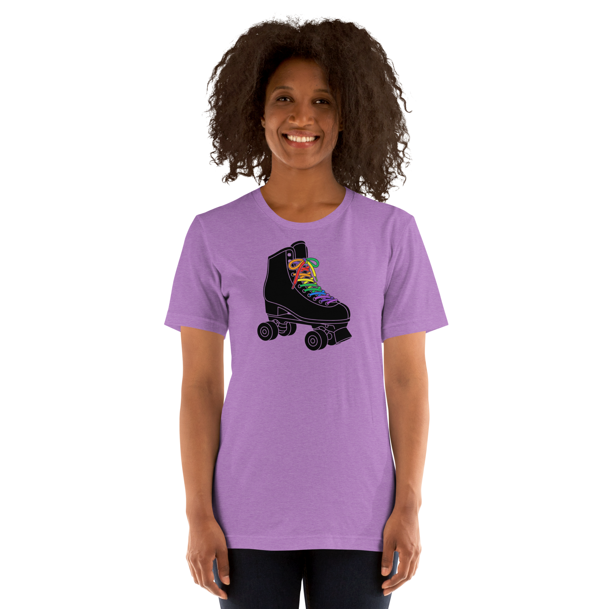 Person wearing black roller skate graphic with rainbow laces printed on heather team purple unisex Bella + Canvas tee.  Paired with jeggings
