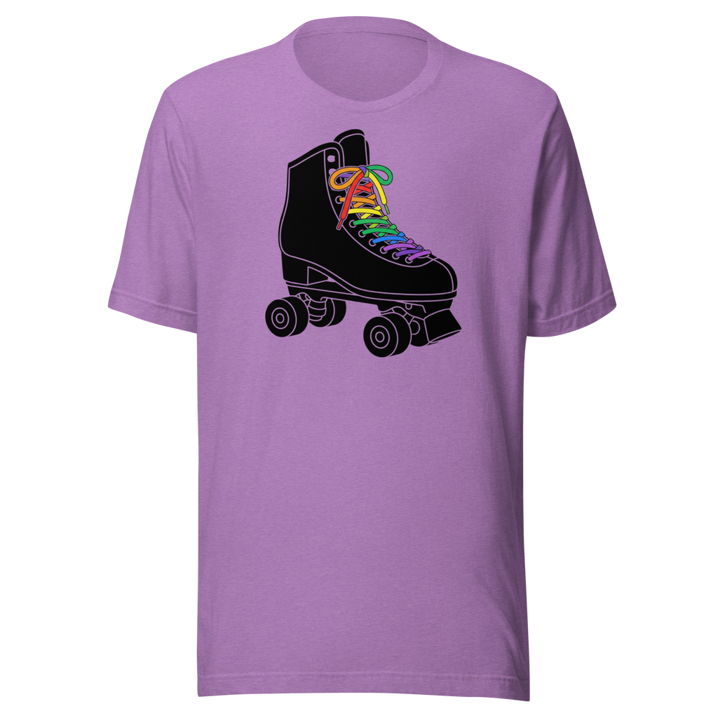 Black roller skate graphic with rainbow laces printed on heather team purple unisex Bella + Canvas tee. 
