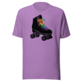 Black roller skate graphic with rainbow laces printed on heather team purple unisex Bella + Canvas tee. 