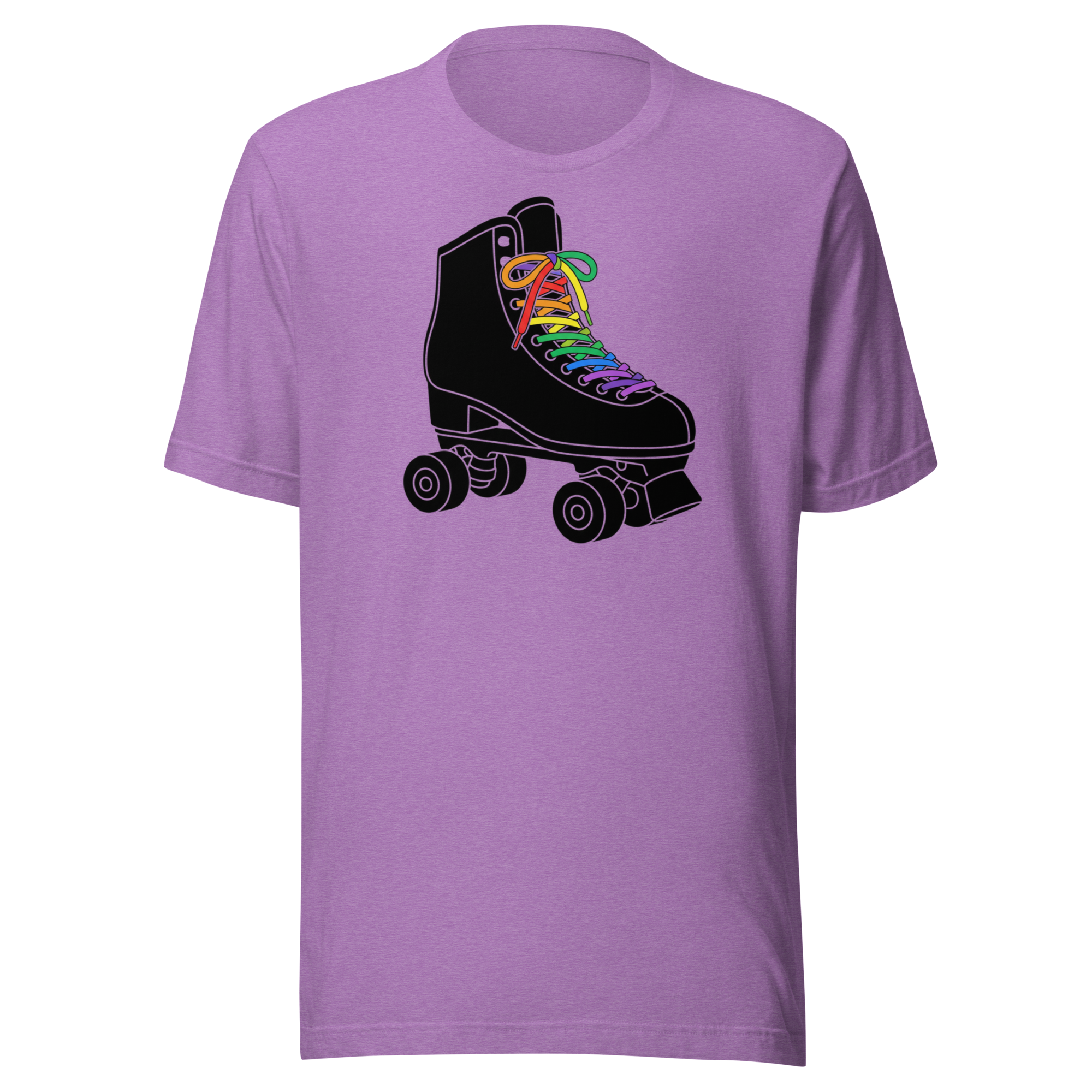 Black roller skate graphic with rainbow laces printed on heather team purple unisex Bella + Canvas tee. 