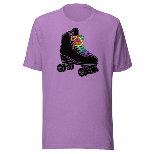Black roller skate graphic with rainbow laces printed on heather team purple unisex Bella + Canvas tee. 