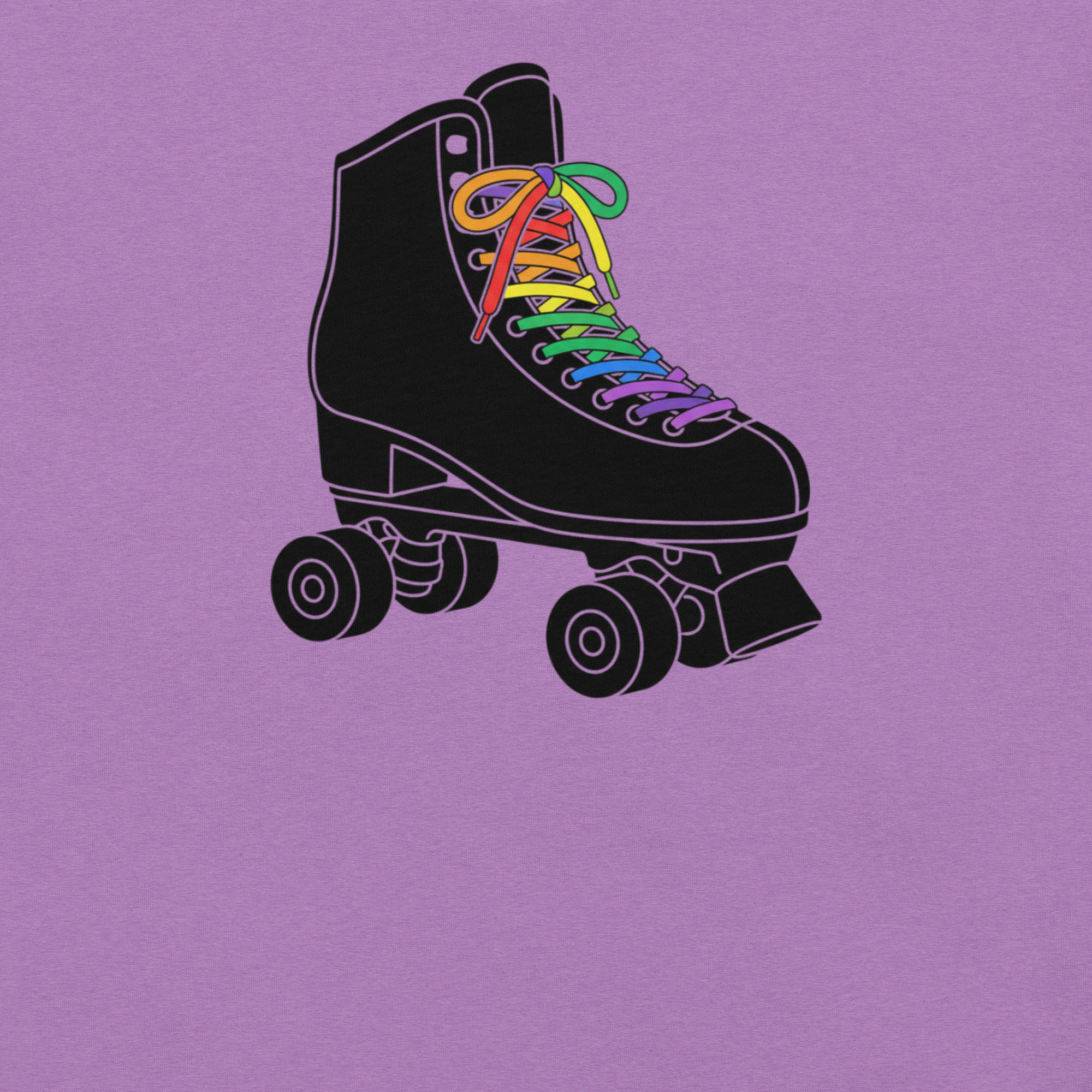 Black roller skate graphic with rainbow laces printed on heather team purple unisex Bella + Canvas tee. 