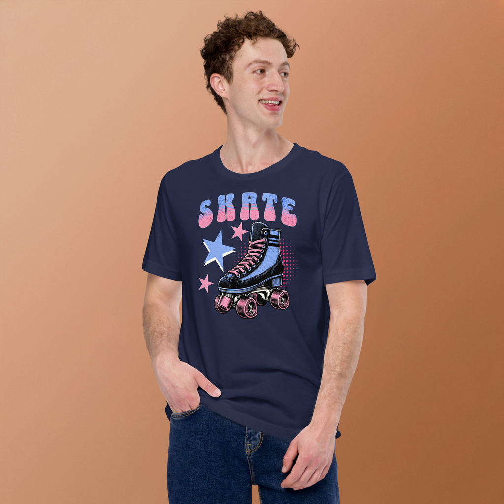 Model wearing skate in retro typography in blue and pink above a classic quad skate also in blue and pink on navy bella + canvas unisex tee.  Paired with jeans.