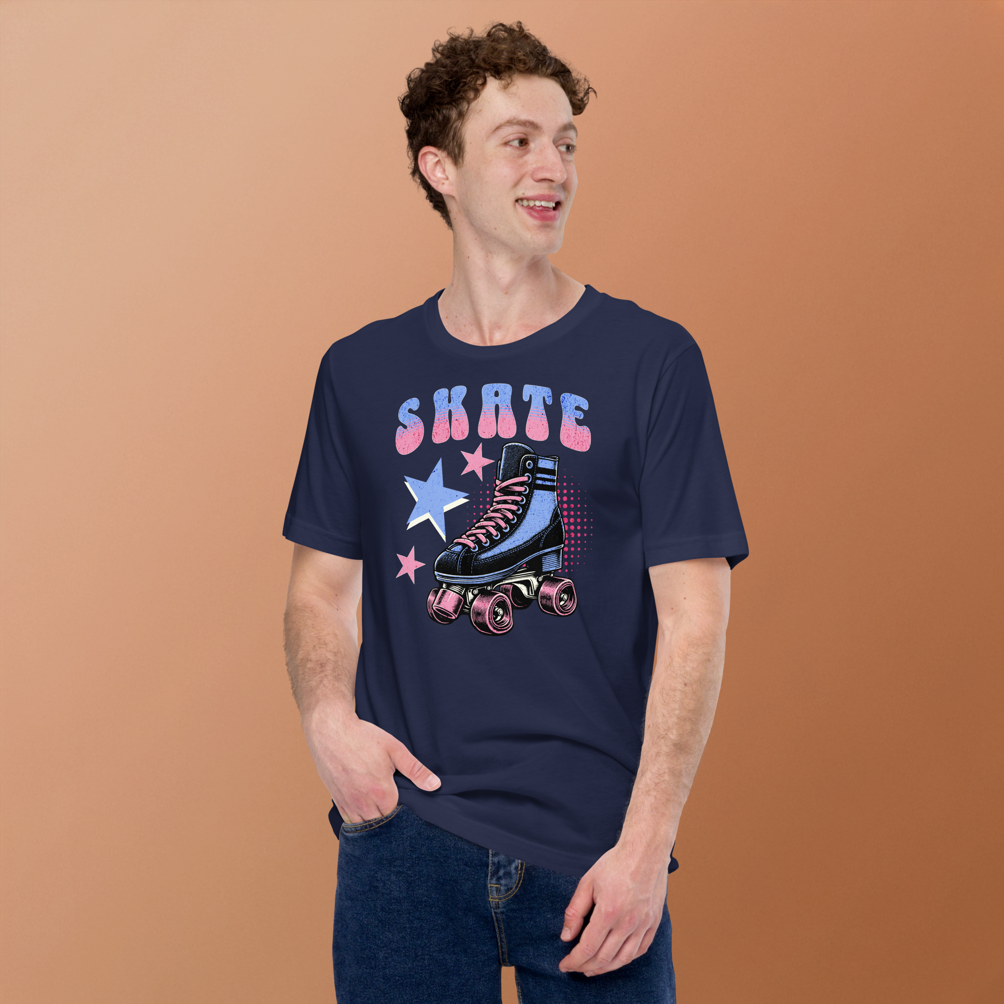 Model wearing skate in retro typography in blue and pink above a classic quad skate also in blue and pink on navy bella + canvas unisex tee.  Paired with jeans.