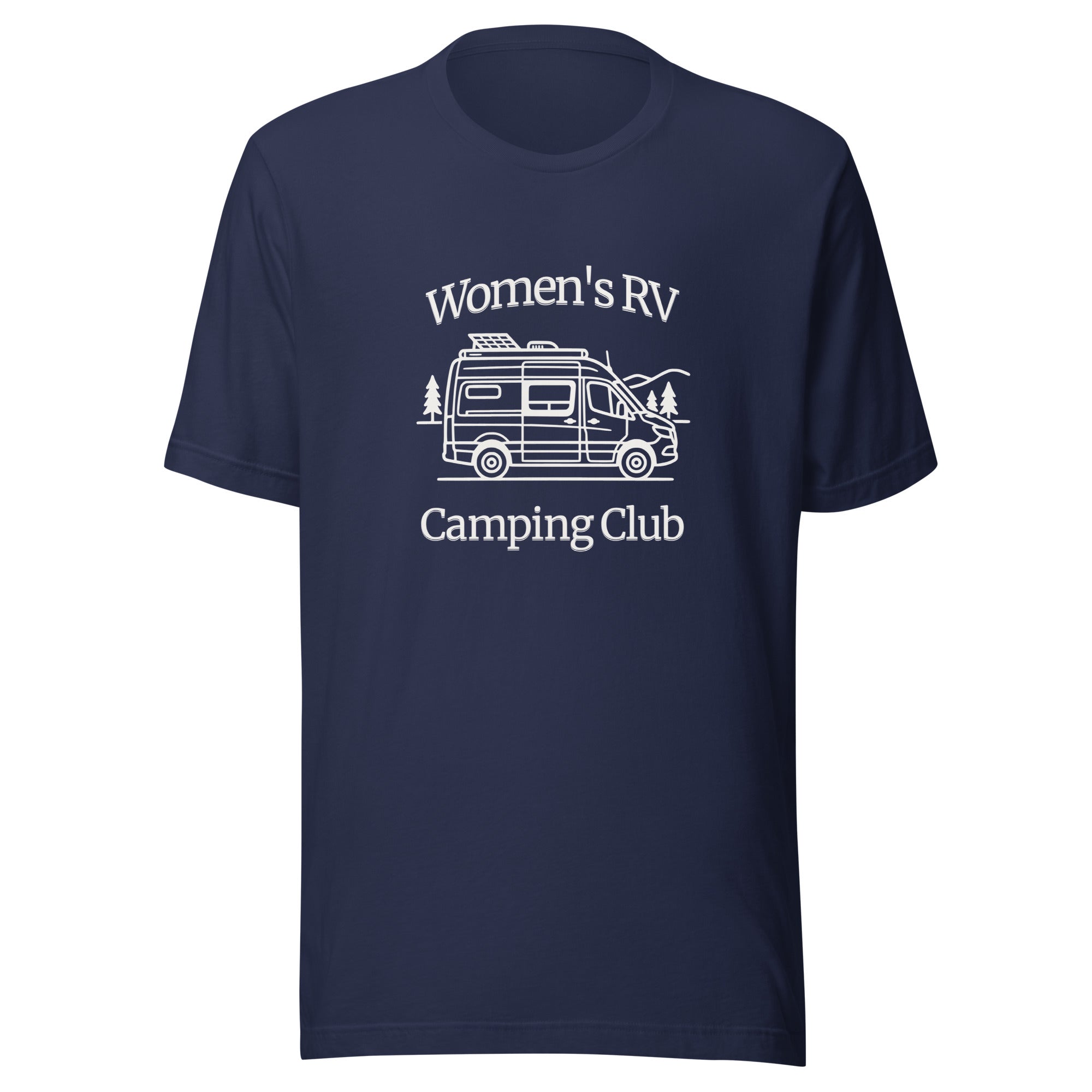 Unisex cotton navy Bella + Canvas t-shirt with minimalist rv graphic and text "women's rv camping club" classic badge style, white ink, front