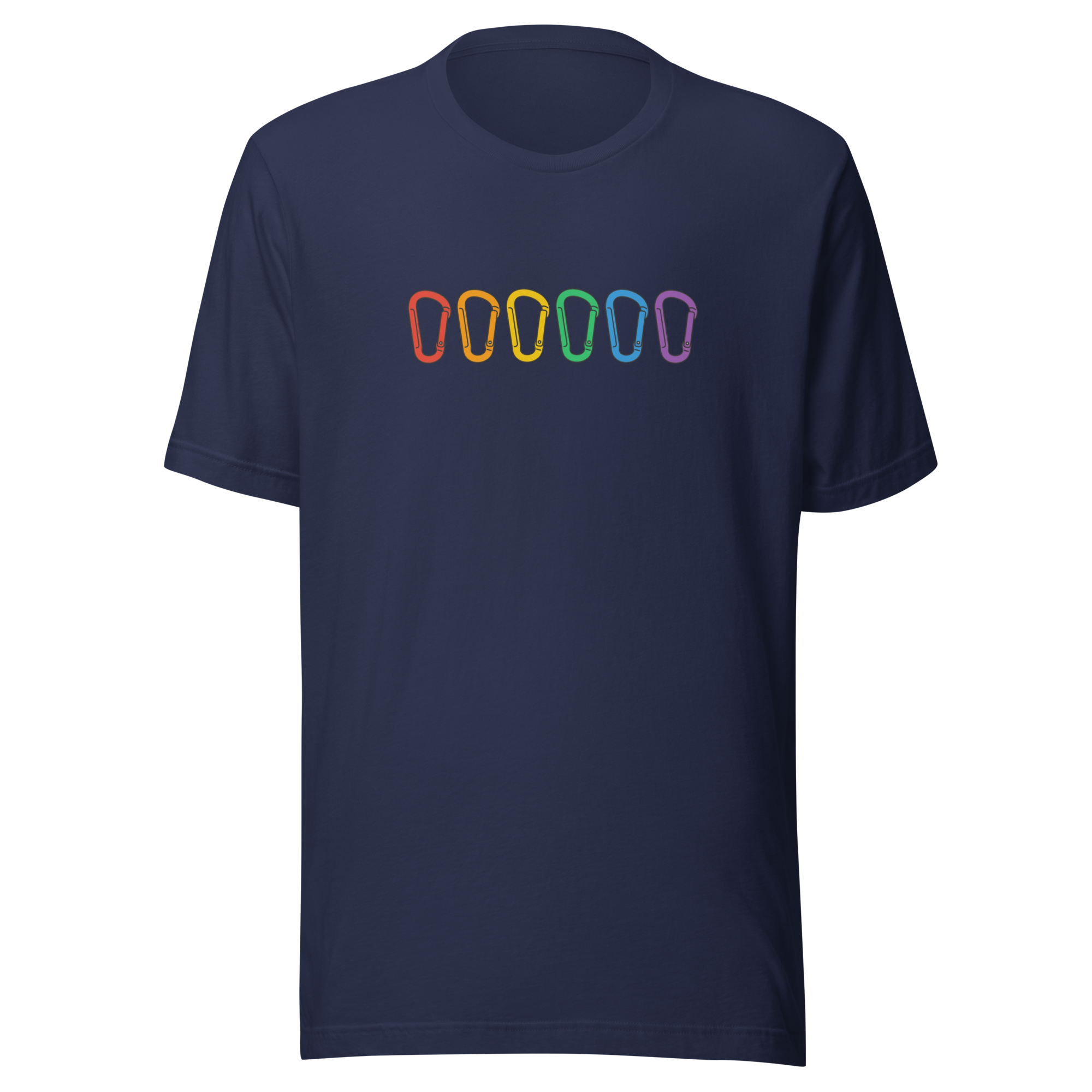 Unisex rainbow carabiners on Navy Bella + Canvas cotton tshirt. Front