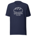 Queer Bakers Club shirt on  premium Bella + Canvas cotton, Navy, unisex. Minimalist bread loaf graphic, cotton. White ink center chest
