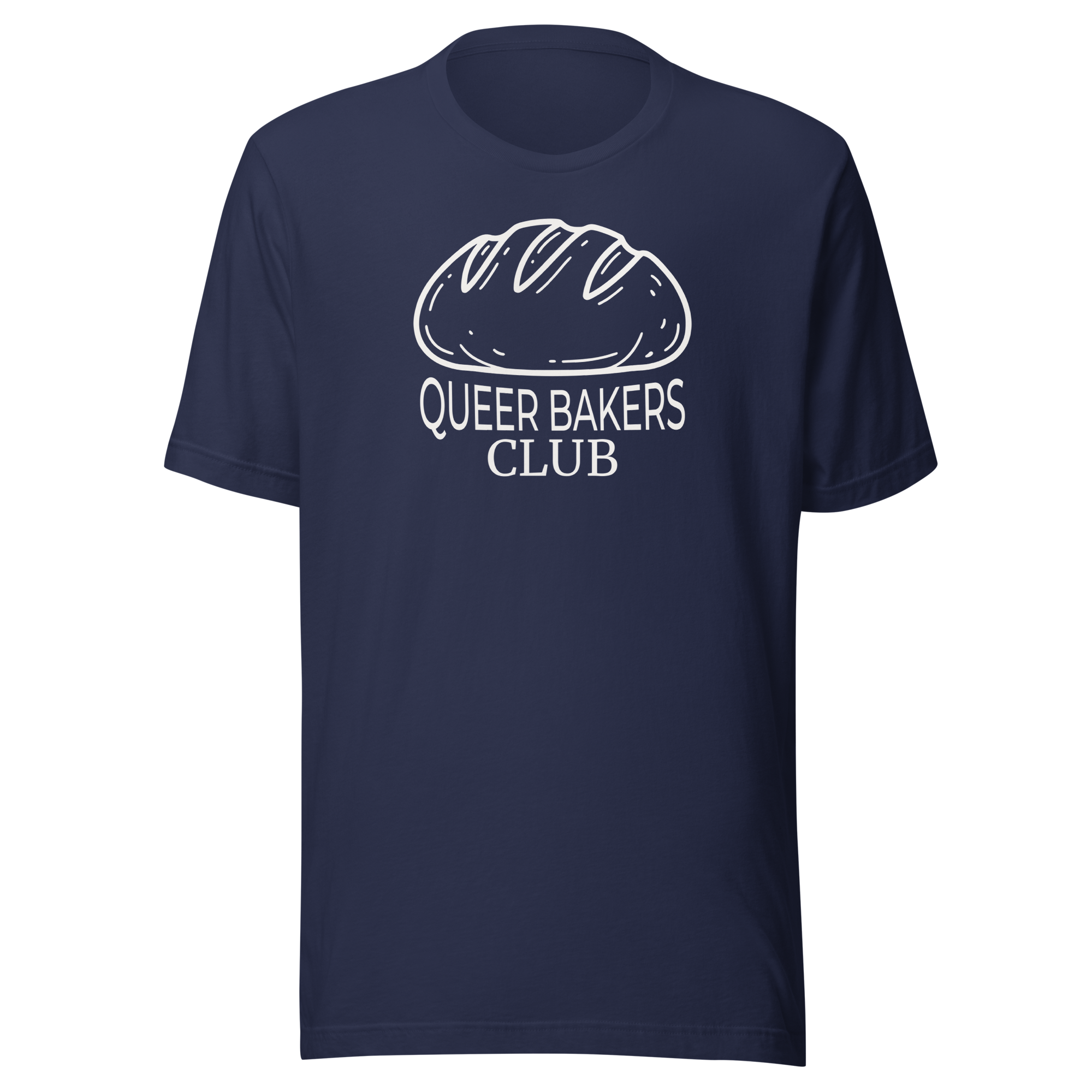 Queer Bakers Club shirt on  premium Bella + Canvas cotton, Navy, unisex. Minimalist bread loaf graphic, cotton. White ink center chest