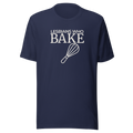 Lesbians who Bake typography with whisk graphic in white ink on soft Bella + Canvas navy cotton unisex tshirt. 