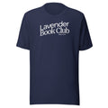 Lavender Book Club since 1979 on unisex soft navy blue Bella + Canvas cotton tshirt. White ink center chest