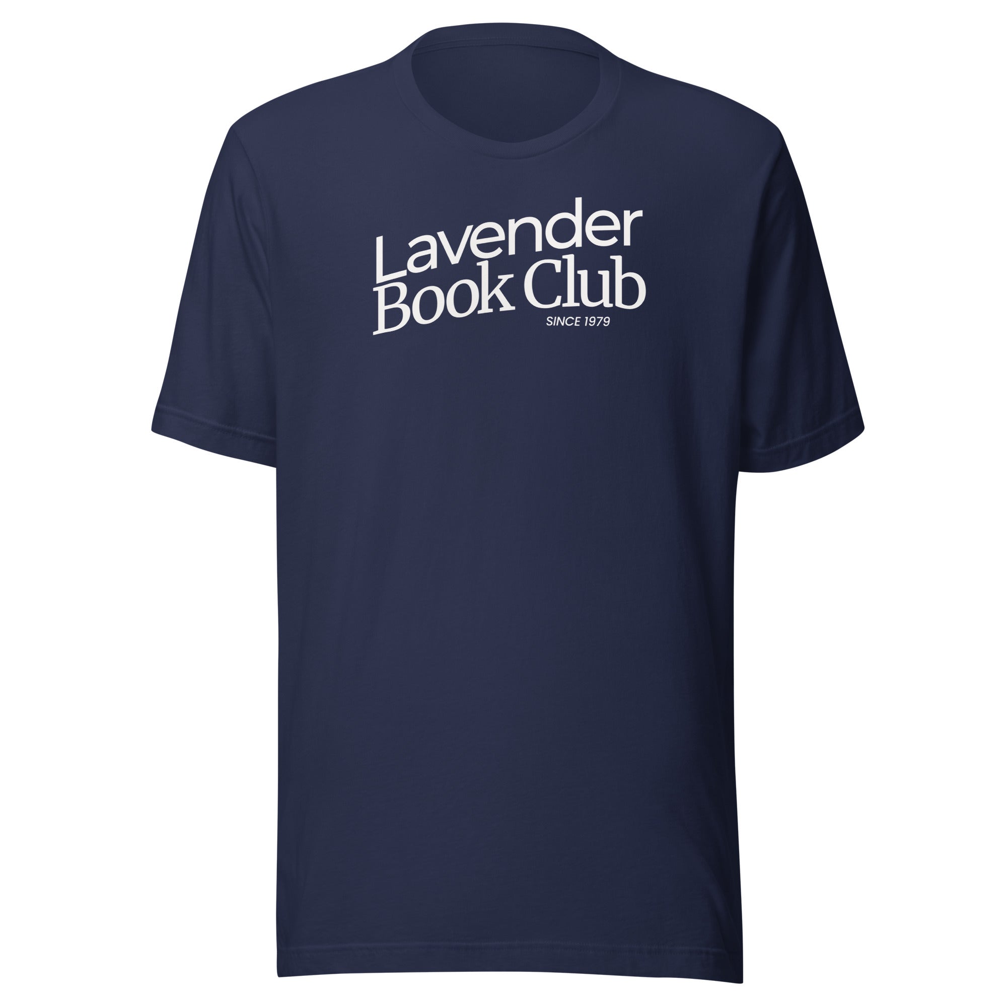Lavender Book Club since 1979 on unisex soft navy blue Bella + Canvas cotton tshirt. White ink center chest